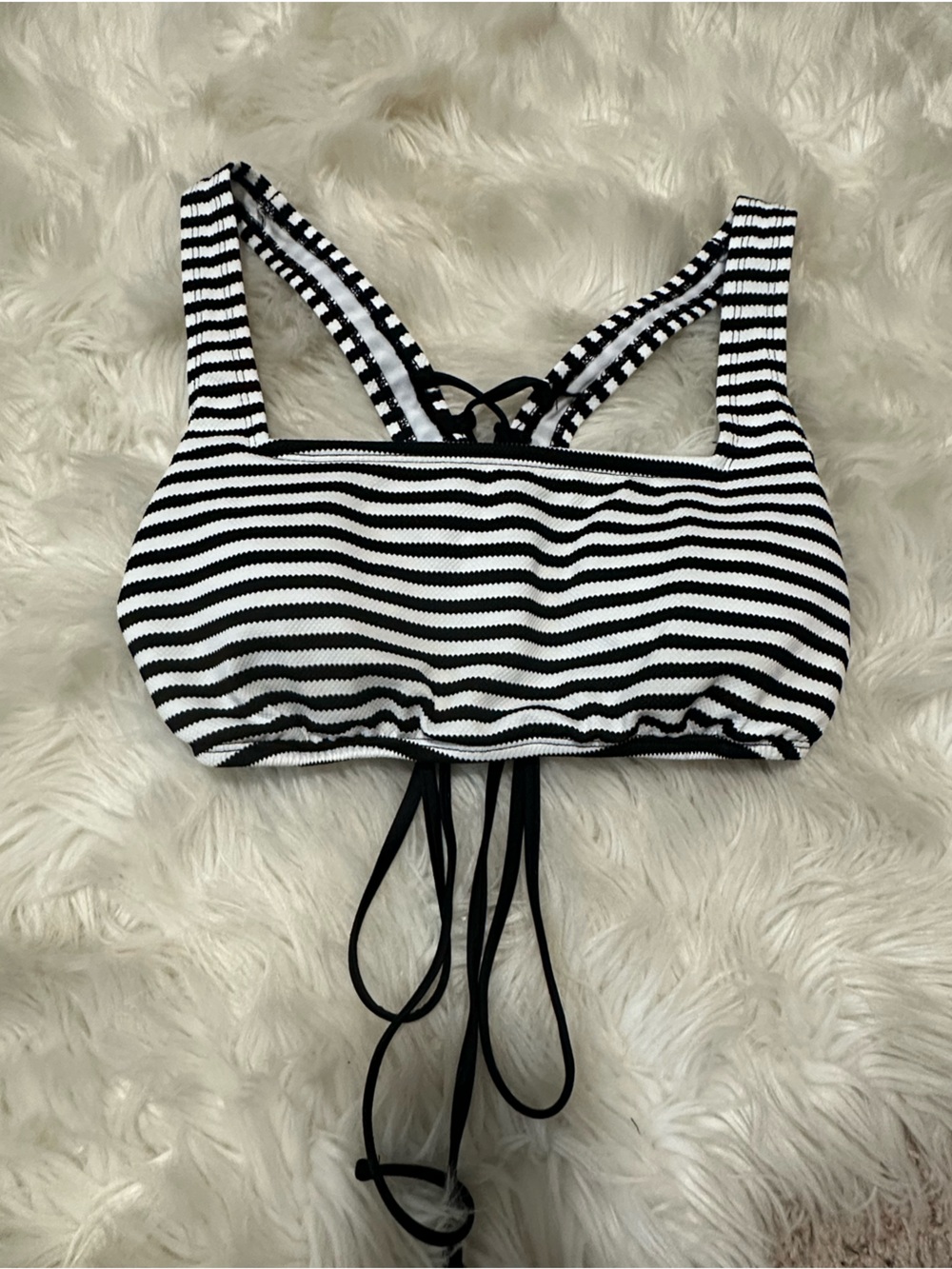 Shade & Shore Black and White Striped Swim Top with lace up back and tie